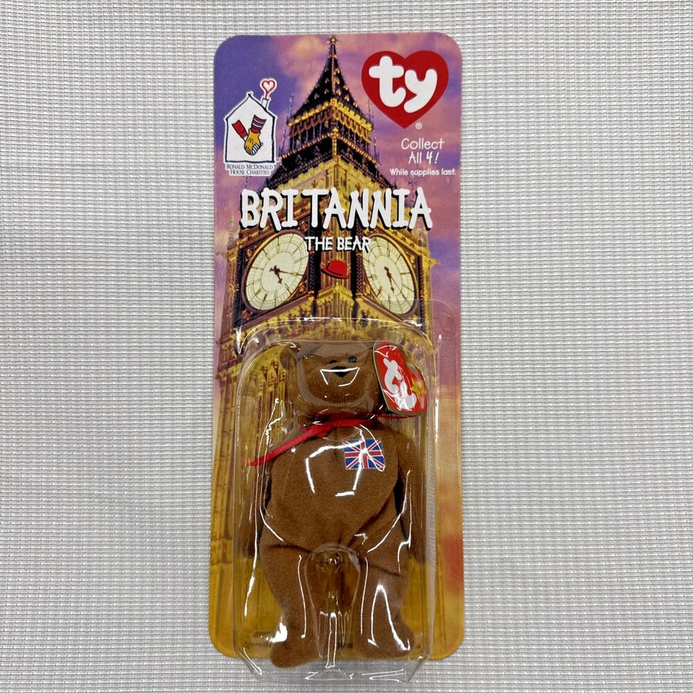 Vintage Ty Britannia Exclusive Beanie Baby Bear MWMT Flag Chest NOS